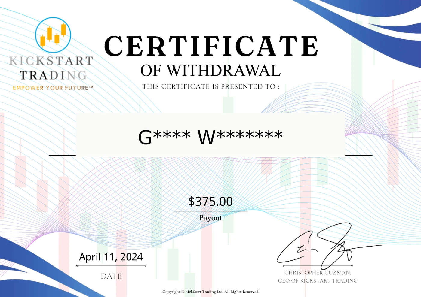 Masked verified withdrawal certificate from a funded trader